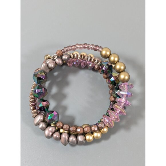 Pink Gold Tone Mystic Fire Bead Coil Flex Wire Wrap Bracelet Boho 7" - Picture 3 of 6